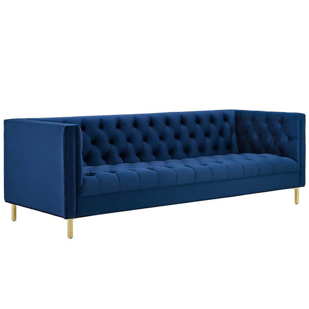Modway Delight Tufted Button Performance Velvet Stainless Steel Sofa in Navy