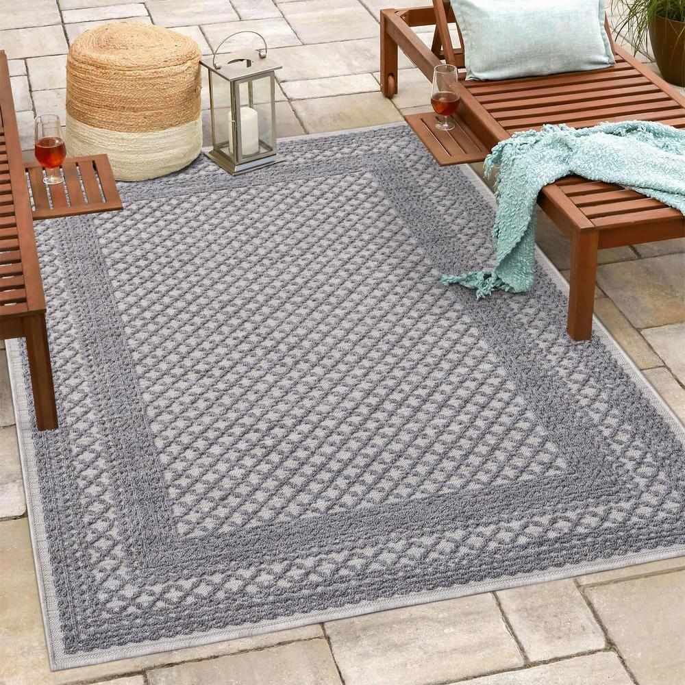 LR Home Gayle 7'10" x 8'10" Gray/Ivory Bordered Performance Indoor/Outdoor Area Rug