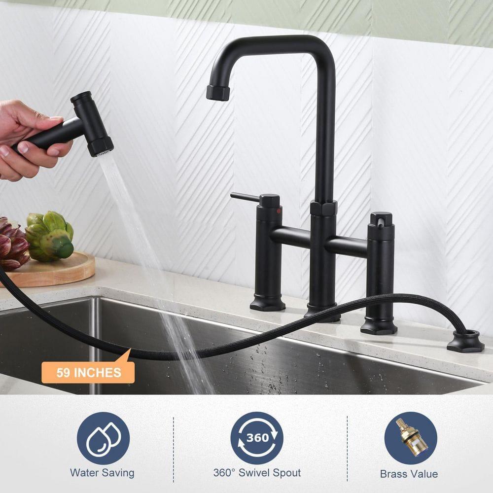 Double Handle Bridge Kitchen Faucet with Side Sprayer in Matte Black