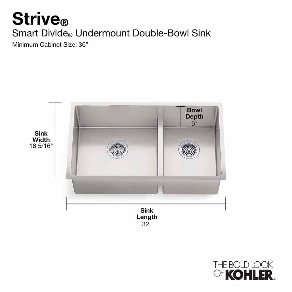 Strive 32" L x 18-5/16" W x 9-5/16" Smart Divide Under-Mount Large/Medium Double-Bowl Kitchen Sink with Basin Rack
