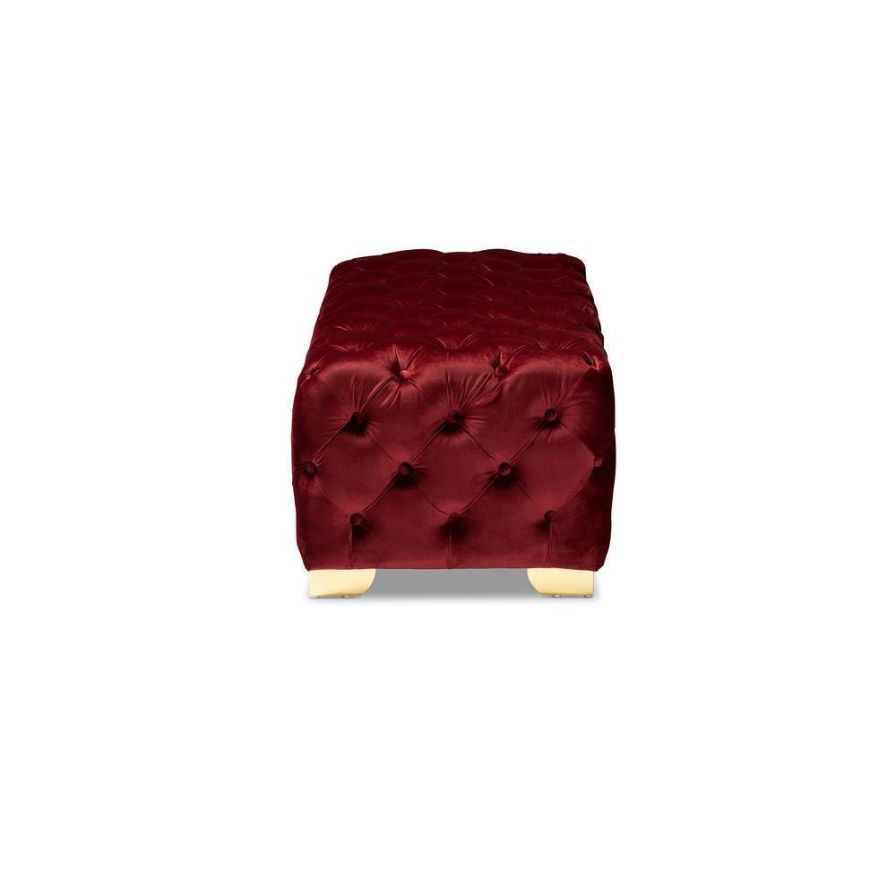 Avara Velvet Button Tufted Bench Ottoman Red - Baxton Studio: Gold Legs, Plywood Frame, Luxurious Bedroom Furniture