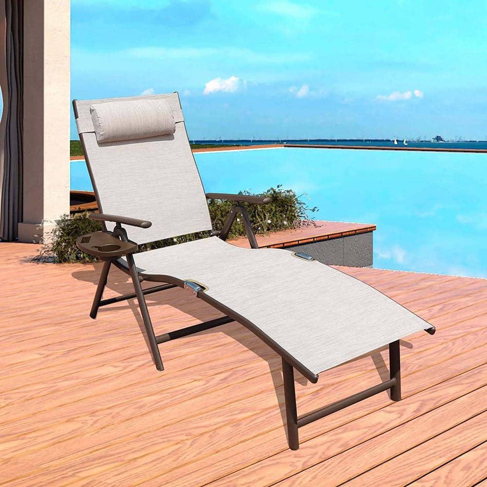 Kozyard Cozy Aluminum Reclining Lounge Chair - Perfect for Beach, Yard, Pool, Deck, and Patio - Outdoor Chaise Lounge with Drink Holder, Weather Free, Adjustable - Assemble-Free(1 Pack, Beige)