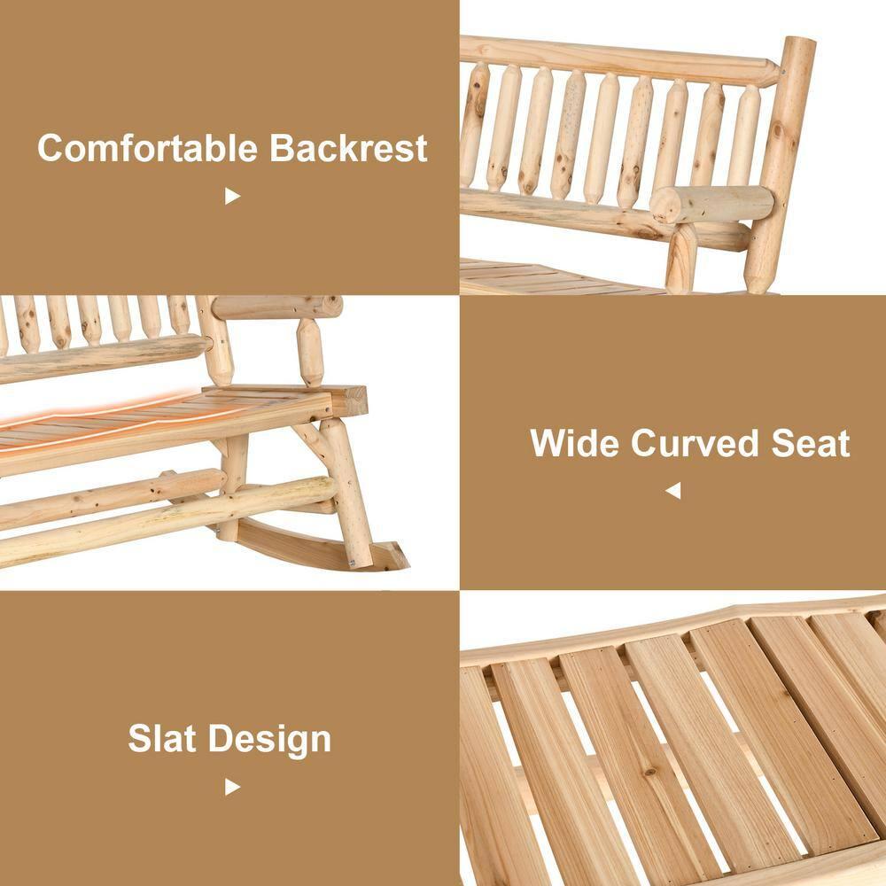 Outsunny 2-Person Wood Rocking Chair with Log Design, Heavy Duty Loveseat with Wide Curved Seats for Patio, Backyard, Garden, Natural