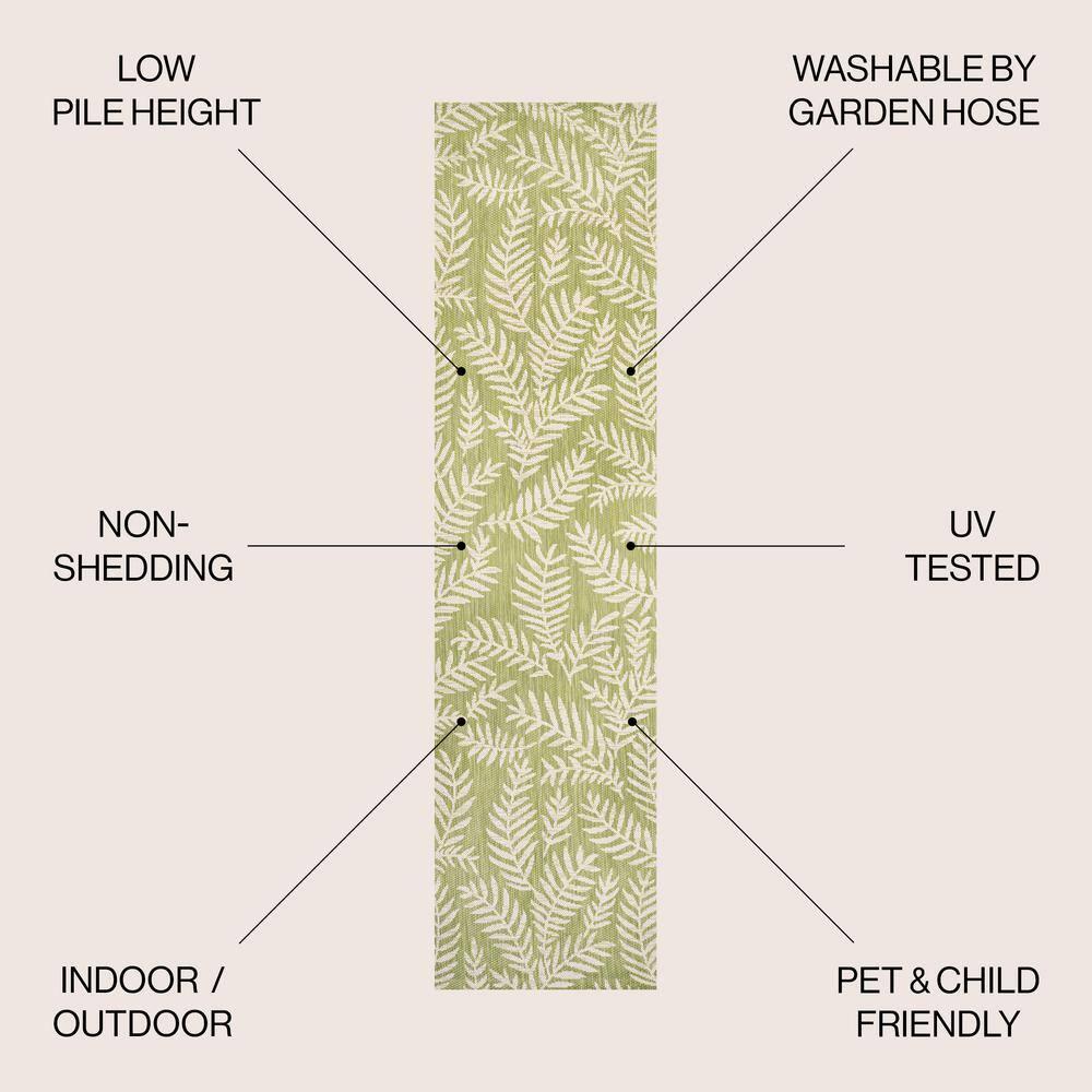 2' x 10' Nevis Palm Frond Indoor/Outdoor Runner Rug, Green/Cream - JONATHAN Y