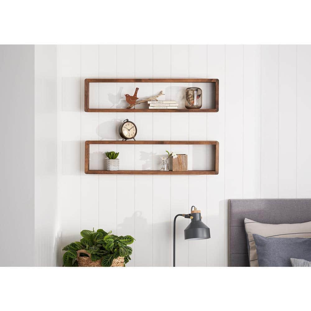 Stackable Floating Shelves, Farmhouse Style Decorative Box Bookshelves for Bedroom, Living Room, and More, Solid Wood, 8" H x 32" W x 4.00" D, Walnut Finish, 2-Pack
