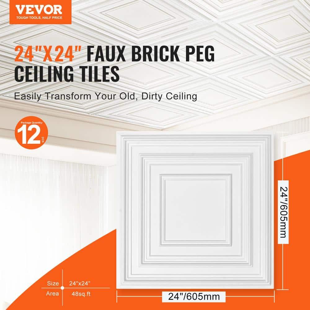VEVOR Ceiling Tiles 12-Pack 24 x 24 in PVC Easy Installation White Peg Pattern | Wayfair