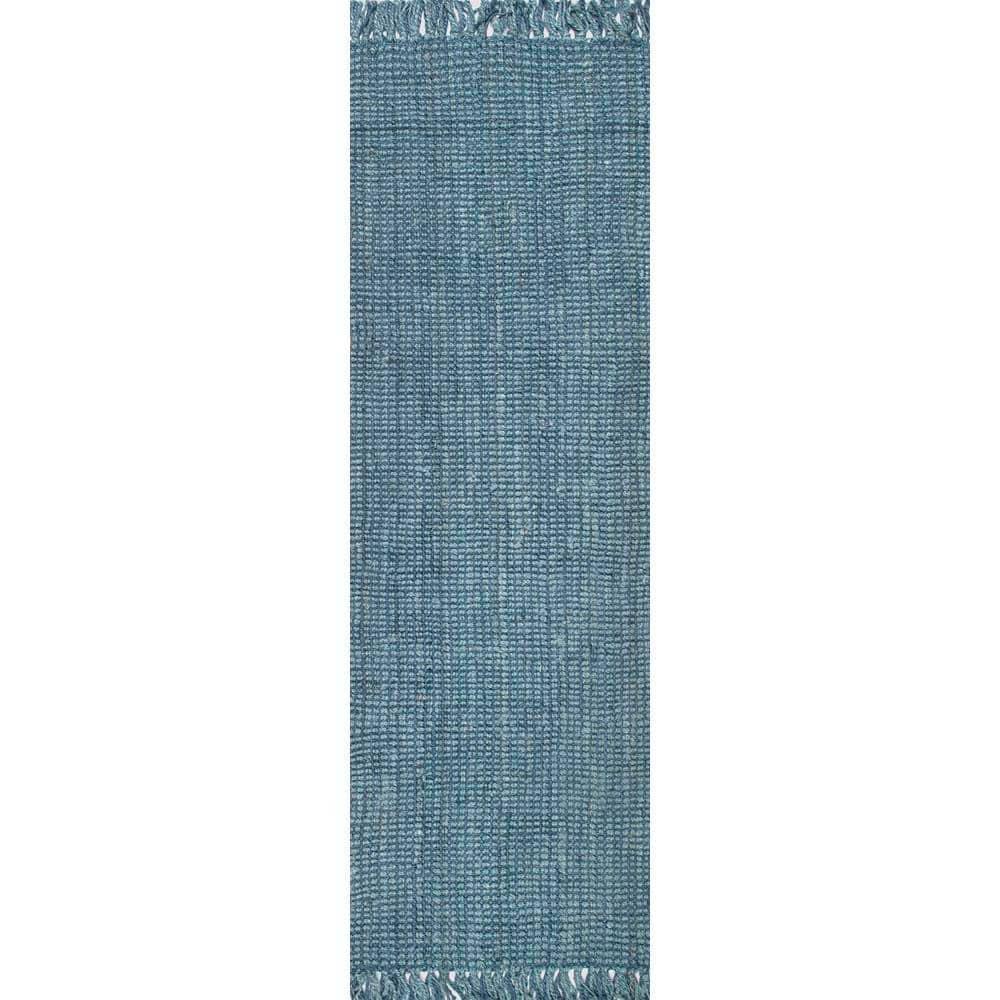 Nuloom 2x12 Daniela Jute Tassel Hand Woven Indoor Area Rug, Blue, Solid Chunky Farmhouse Design, Natural Fiber BedroomLiving Room