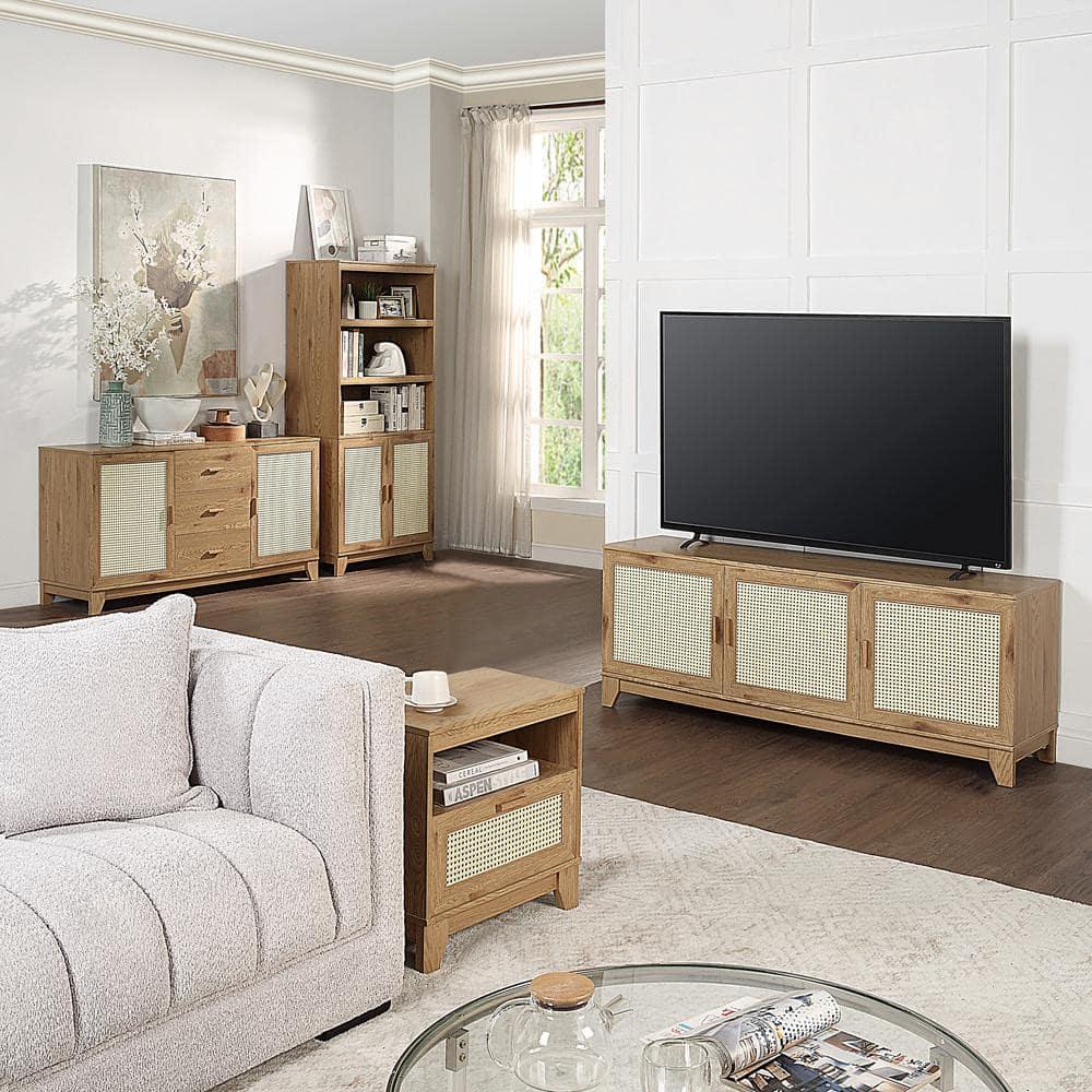 Manhattan Comfort Sheridan Modern 6 Shelf Cane TV Stand for TVs up to 55" Natural: Media Console with Cable Management