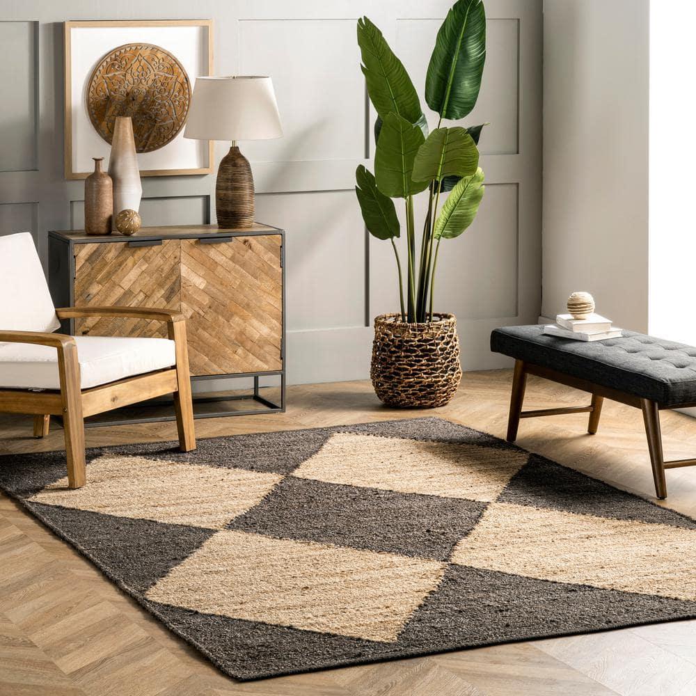 8'x10' Pandora Diamond Jute Area Rug Tan/Black - nuLOOM: Geometric Flat Pile, Handmade, Indoor, Rectangle