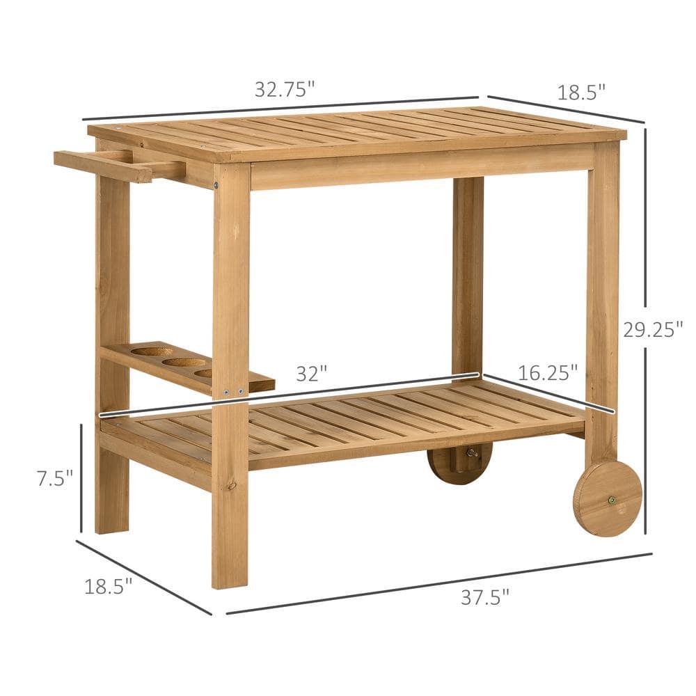 Outsunny Outdoor Bar Cart, Wood Rolling Home Bar & Serving Cart with 2 Shelves, Wine Bottle Holders for Garden, Dining Room, Natural
