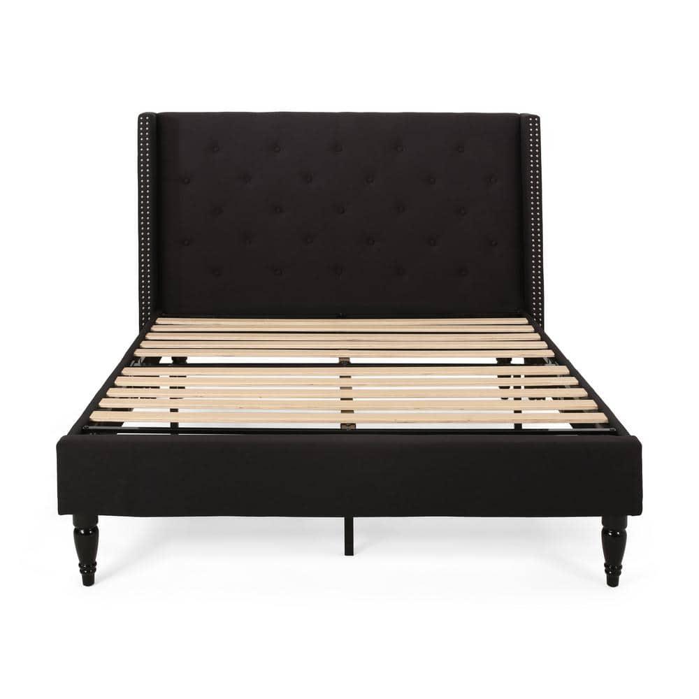 Noble House Liyam Queen-Sized Fabric Fully-Upholstered Traditional Bedframe, Black