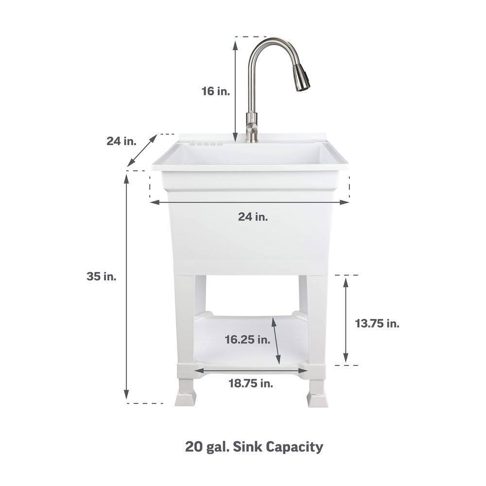 UTILITYSINKS Plastic 24" Freestanding Compact Utility Tub Sink for Workshop, Laundry Room, Garage, Greenhouse & Pet Wash Station, White