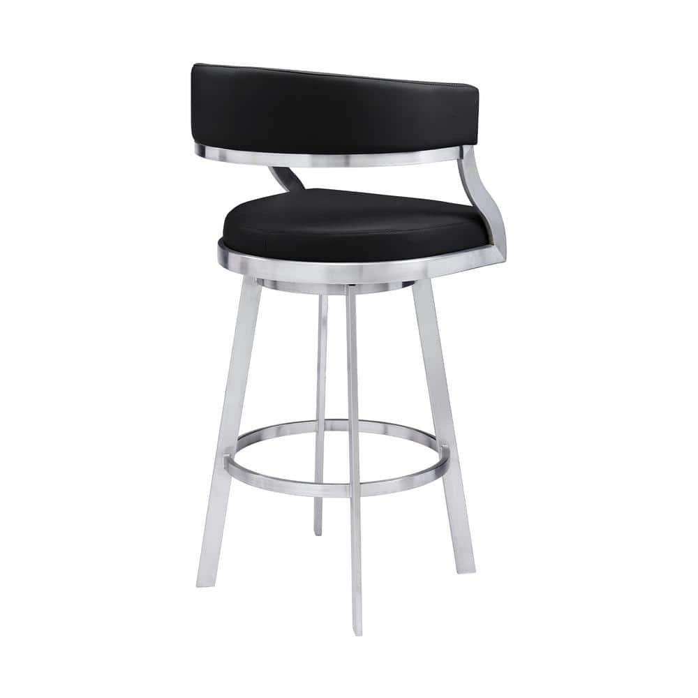 Dione 30" Seat Height Swivel Black Faux Leather and Brushed Stainless Steel Bar Stool for Kitchen Island Counter