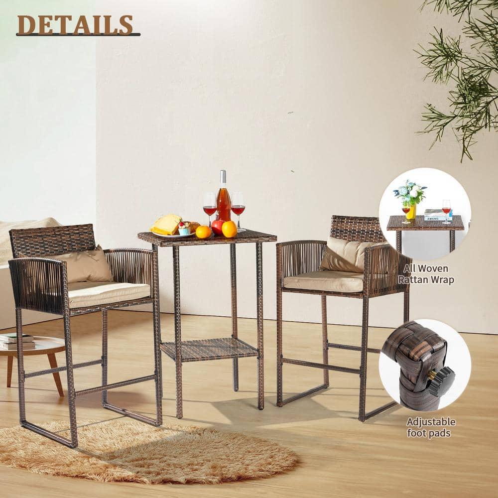 Tcbosik Outdoor 3 Piece Patio Bar Set, Rattan High Bar Stools for 2 with Cushions, Armrest and Backrest, Wicker Bar Table with Storage Shelf, Brown