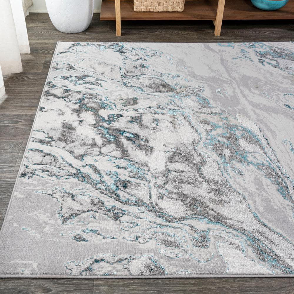 4'x6' Swirl Marbled Abstract Area Rug, Gray/Turquoise - JONATHAN Y