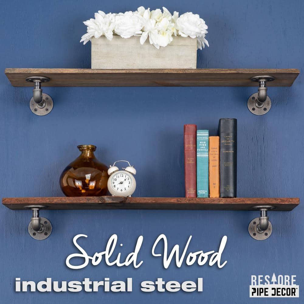 PIPE DECOR Live Edge Wood Shelves with L Shaped Pipe Brackets Boulder Black 36 in.