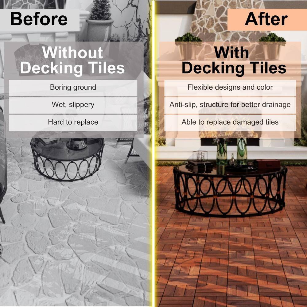 12" x 12" Brown Acacia Wood Interlocking Deck Tiles Set