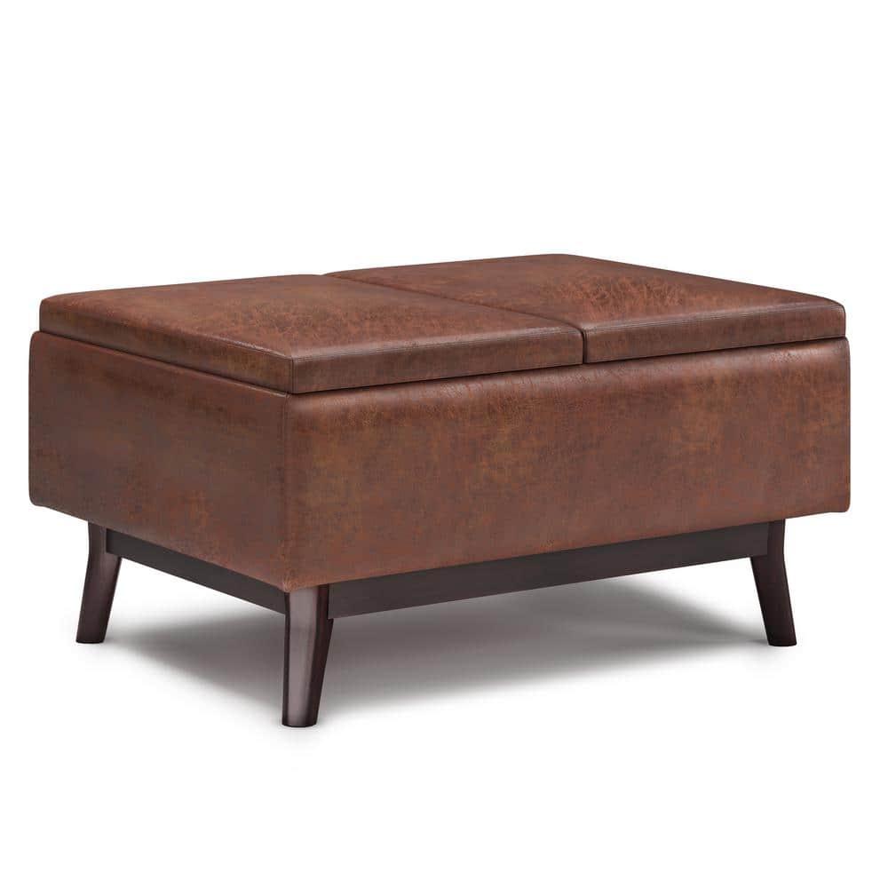 Simpli Home Owen 34"W Small Upholstered Coffee Table Storage Ottoman with Flip-Over Tray Top and Solid Wood Legs