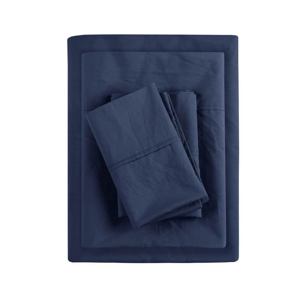 King 200 Thread Count Cotton Peached Percale Sheet Set Navy