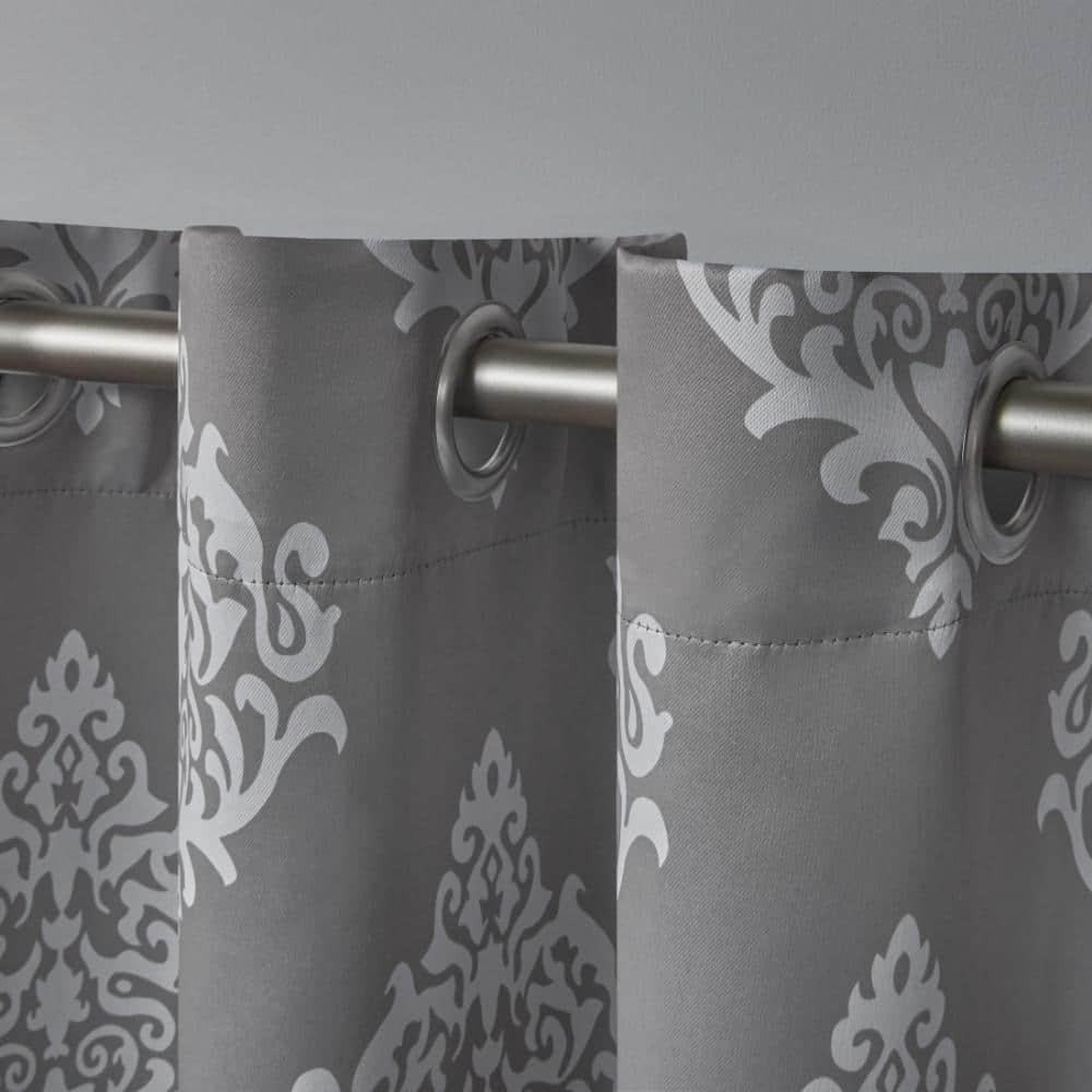 EXCLUSIVE HOME Medallion Room Darkening Blackout Grommet Top Curtain Panel Pair, 52"x63", Silver