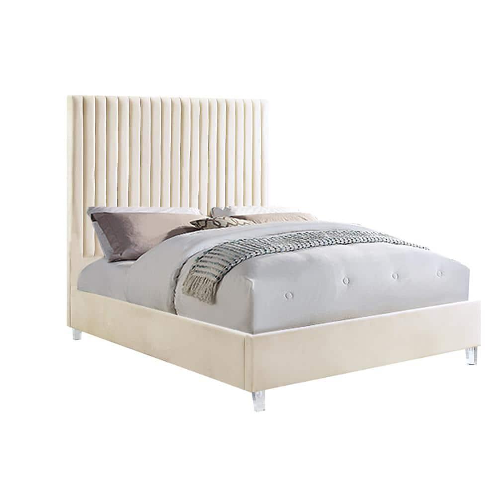 Acme Furniture 86" Queen Bed Edzia Bed Beige Velvet: Luxurious Upholstered Panel, Wood Frame, Acrylic Textile