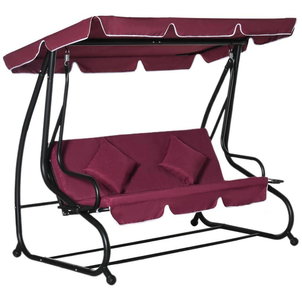 Outsunny 3 Seat Outdoor Free Standing Swing Bench Porch Swing with Stand, Comfortable Cushioned Fabric & Included Canopy, Red
