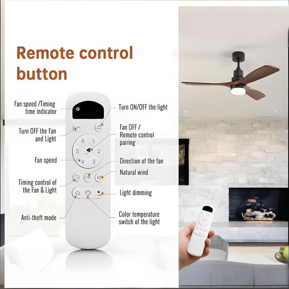 Ventilador de Techo Moderno de 52" sin Luz, Control Remoto y Motor CC Reversible Incluido Negro con Veta de Madera Oscura