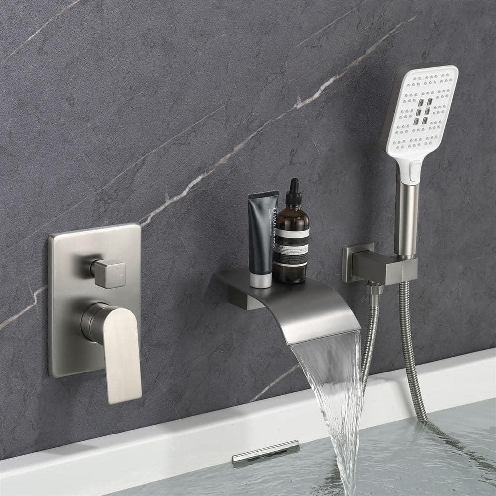 Tub Filler Faucet with Hand Shower Bath Tub Faucets with Rough-in Valve Trim Kit Wall Mounted Waterfall Bathtub Faucets Brushed Nickel