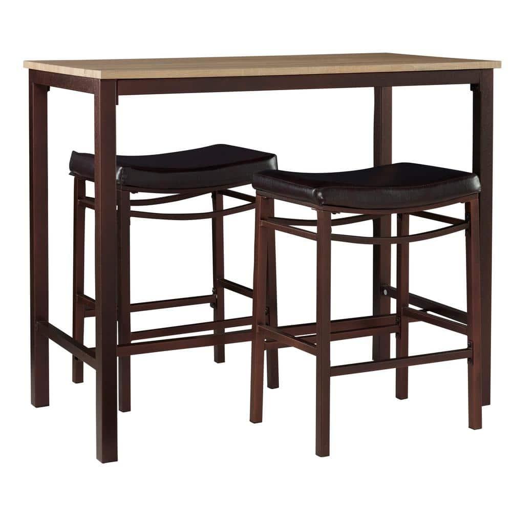 Linon 3pc Betty Faux Leather Stools Wood Pub Dining Set Wood/Brown: Counter Height, Padded Seat