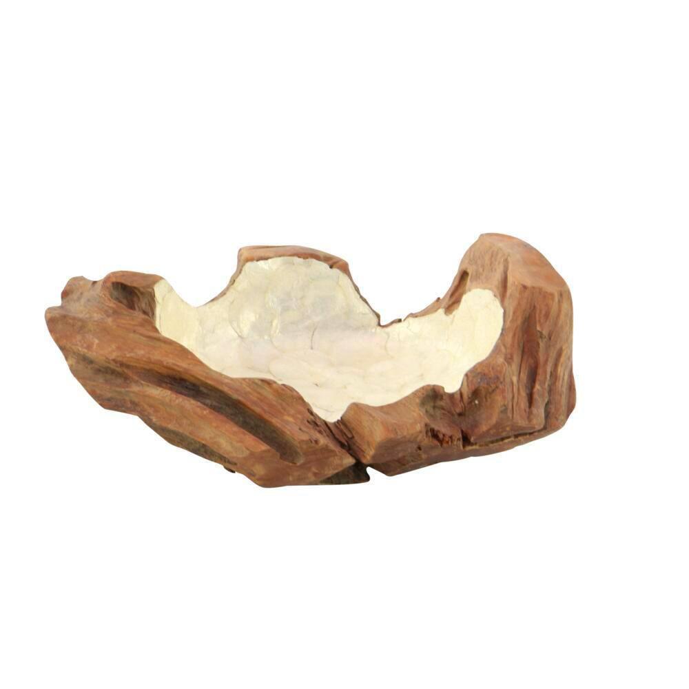 DecMode 16" Handmade Round Live Edge Free Form Brown Teak Wood Decorative Bowl with Capiz Interior