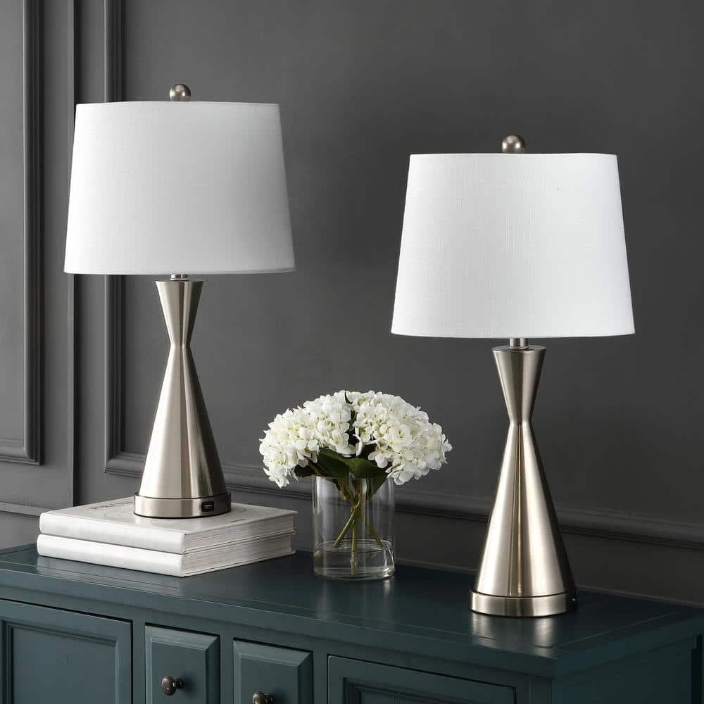 JONATHAN Y JYL4046A-SET2 Colton 26" Classic French Country Iron LED Table Lamp with USB Charging Port, for living room, dinning room, bedroom, office Bulb Included, Nickel (Set of 2)