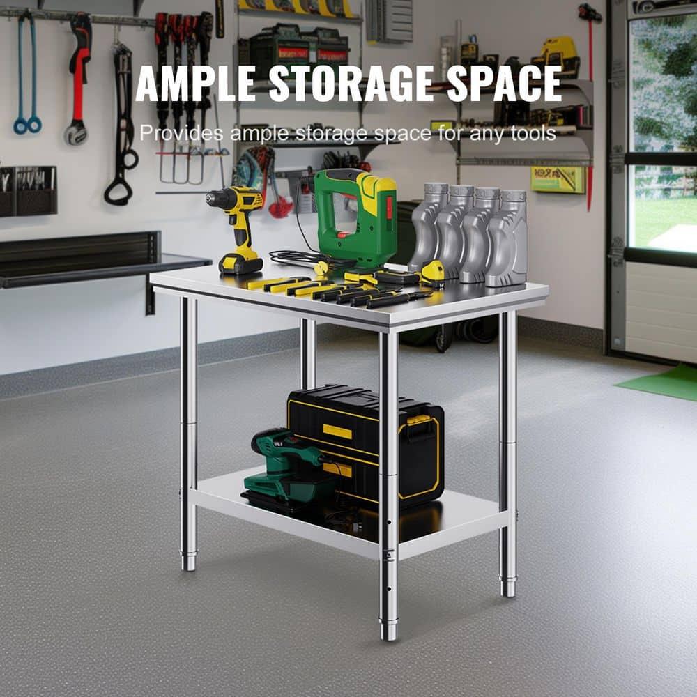 Stainless Steel Prep Table 35 x 24 x 31 in. 700 lbs. Silver Heavy Duty Metal Worktable with 3 Adjustable Height Levels
