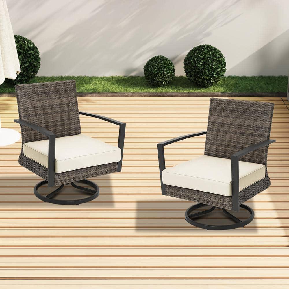 Beige Cushioned Black Metal Rattan Swivel Patio Dining Chairs (2-Pack)