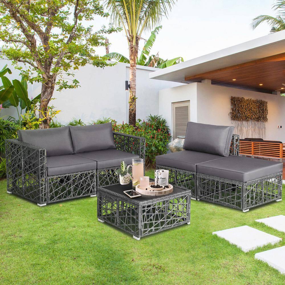 Costway 5 Pieces Patio PE Rattan Wicker Sofa Furniture Set Cushioned  Outdoor Grey