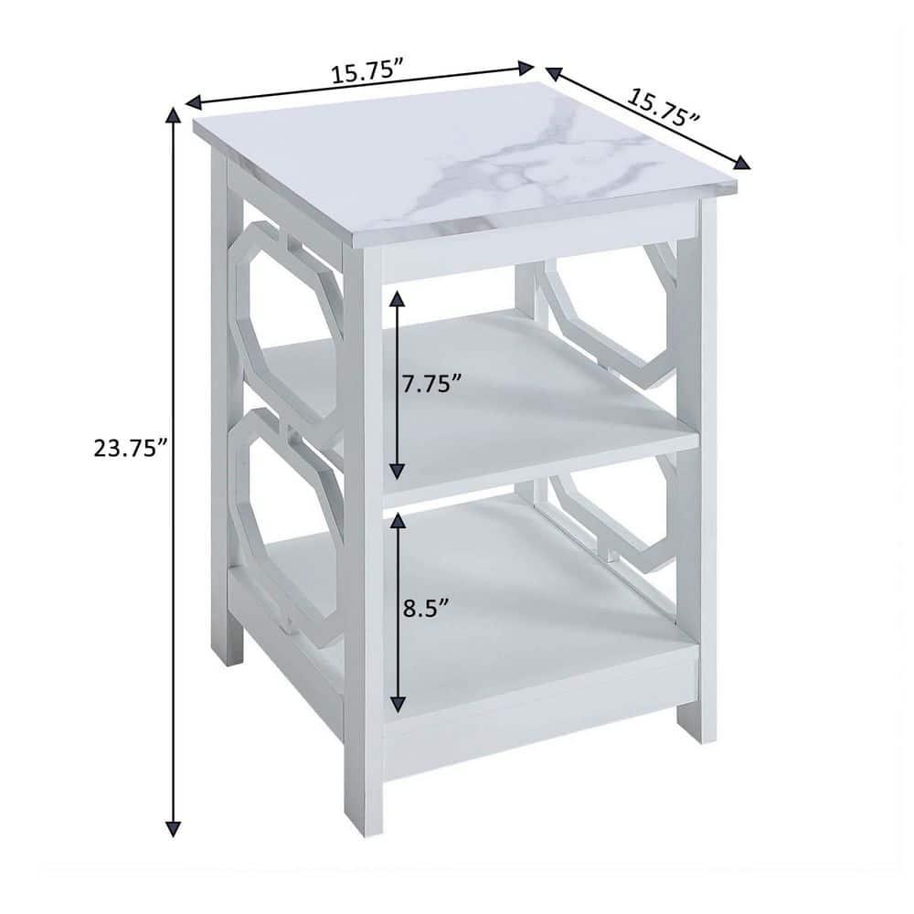 Convenience Concepts Omega End Table with Shelves, White Faux Marble/White