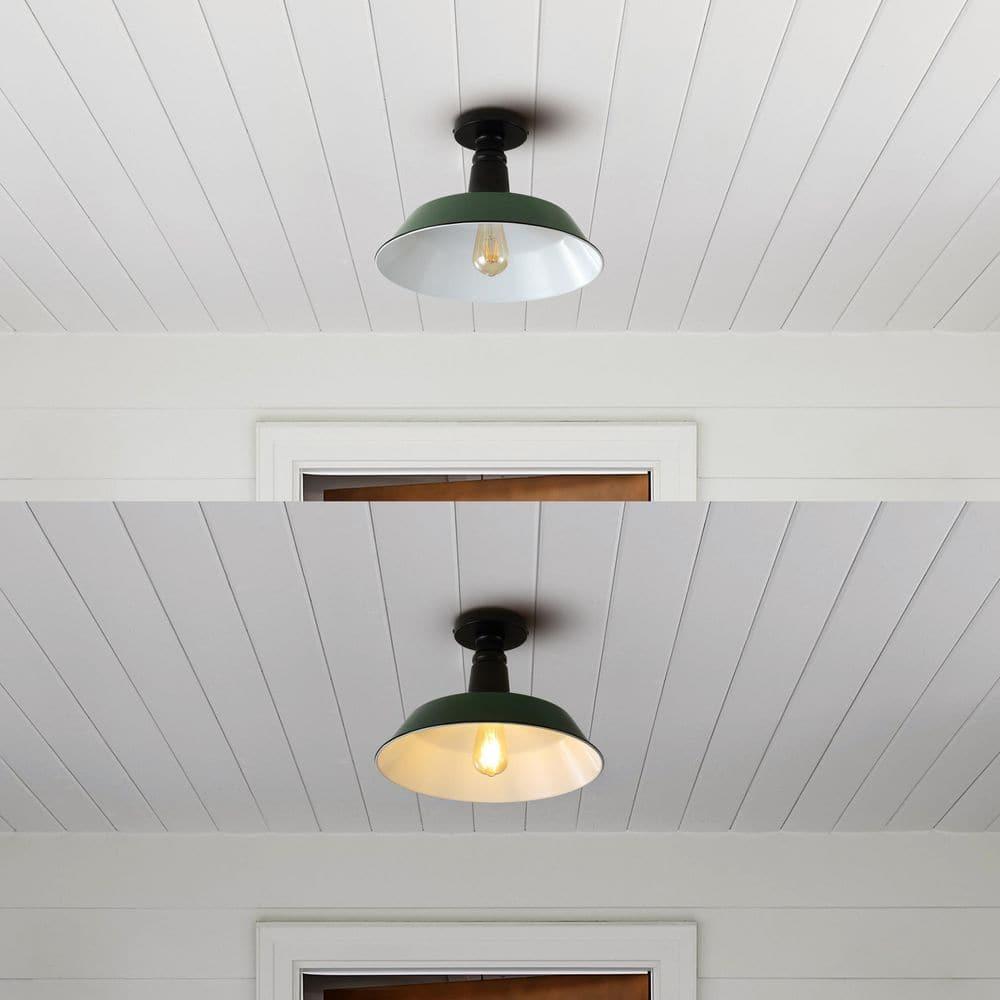 JONATHAN Y Camila 14" 1-Light Classic Industrial Indoor/Outdoor Iron LED Semi Flush Mount, Green/White, JYL7617F