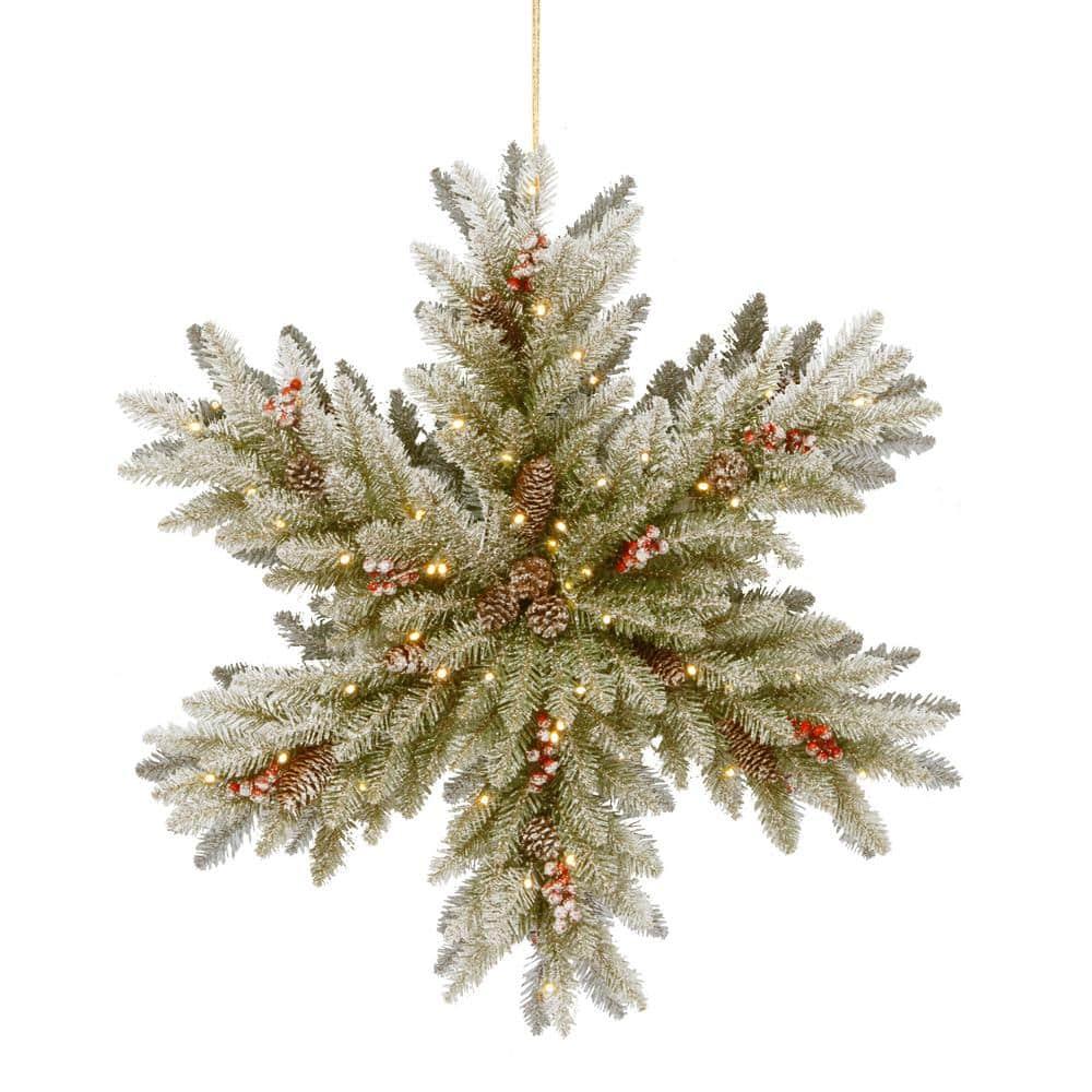 National Tree Company Pre-Lit Artificial Christmas Hanging Snowflake, Green, Dunhill Fir, with Pine Cones, Berry Clusters, Frosted Branches,32 Inches