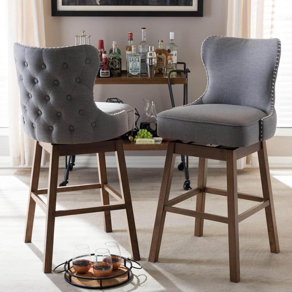 Gradisca Swivel Barstools with Button-Tufting & Nail Heads Trim: Polyester Upholstery - Baxton Studio