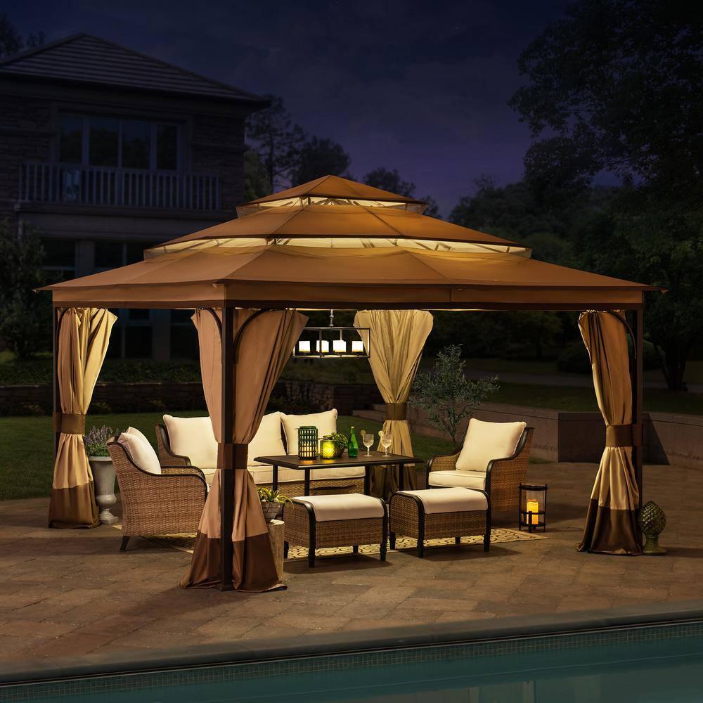 Sunjoy Outdoor Patio Brown Steel Frame 13 ft. x 13 ft. 3-Tier Soft Top Gazebo with Canopy, Mosquito Netting, and Curtains for Backyard Activities