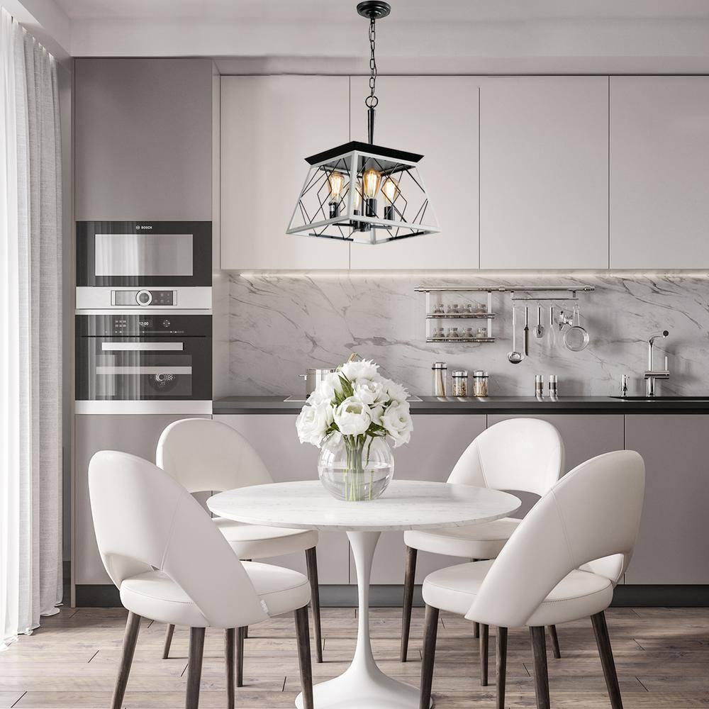 White and Black Metal Cage Square Pendant Chandelier