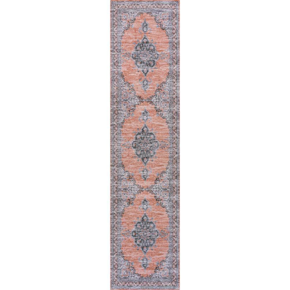 JONATHAN Y Wincer Chenille Cottage Medallion Machine-Washable Orange/Gray 2 ft. x 8 ft. Runner Rug