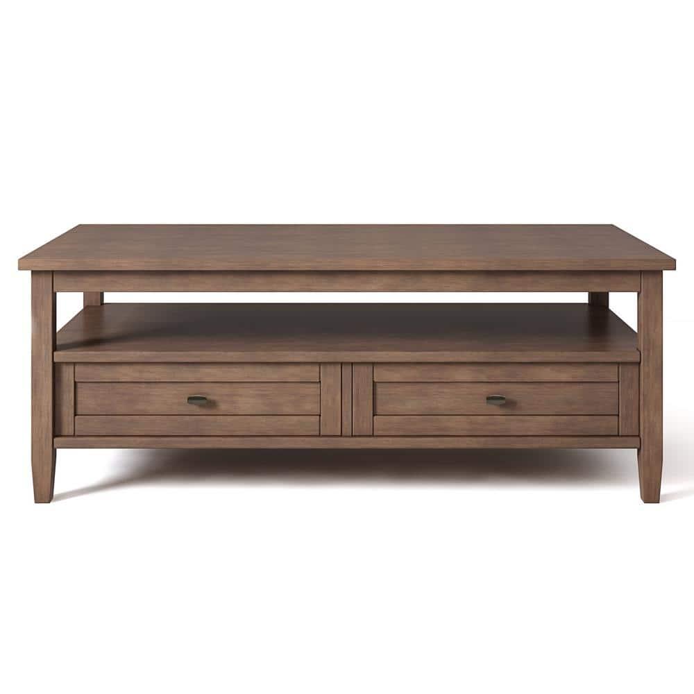 Simpli Home Warm Shaker 48"W Solid Wood Coffee Table with Two Storage Drawers and Open Shelf