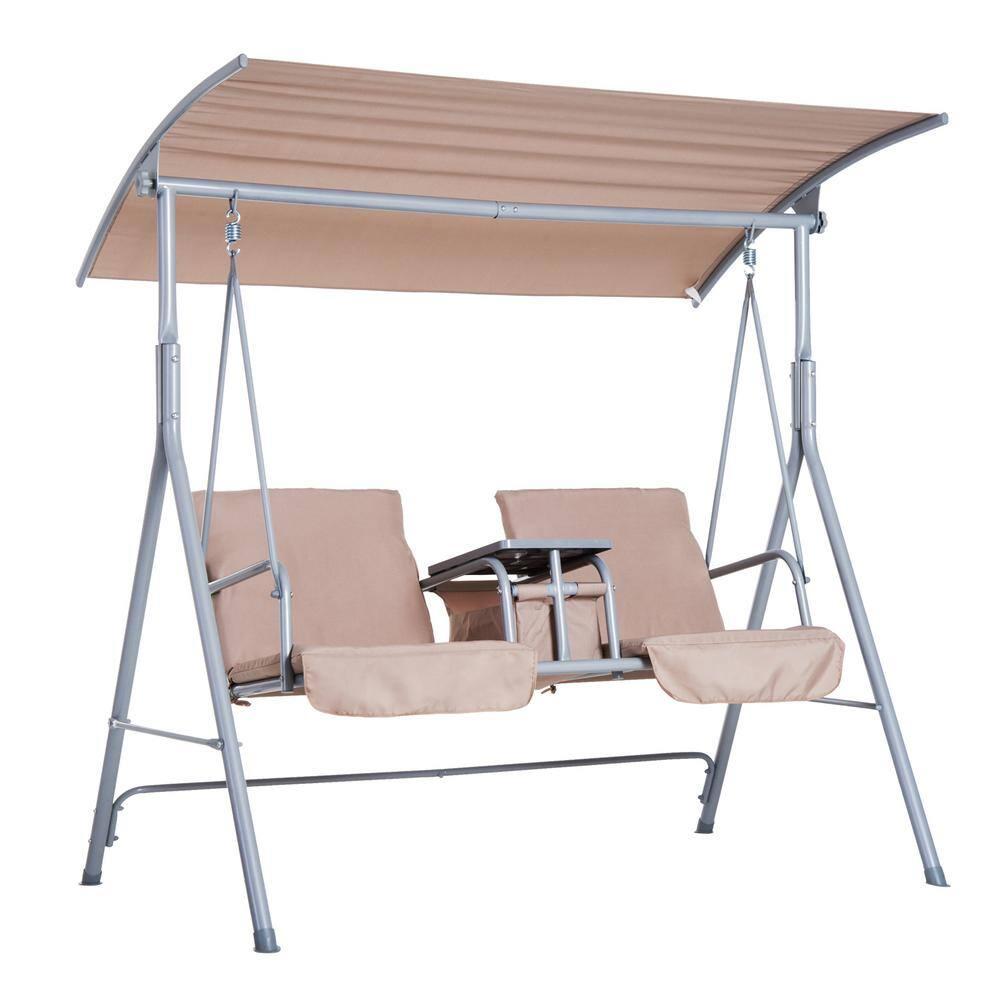 Outsunny 2 Person Porch Swing with Stand, Outdoor Swing with Canopy, Pivot Storage Table, 2 Cup Holders, Cushions for Patio, Backyard, Beige