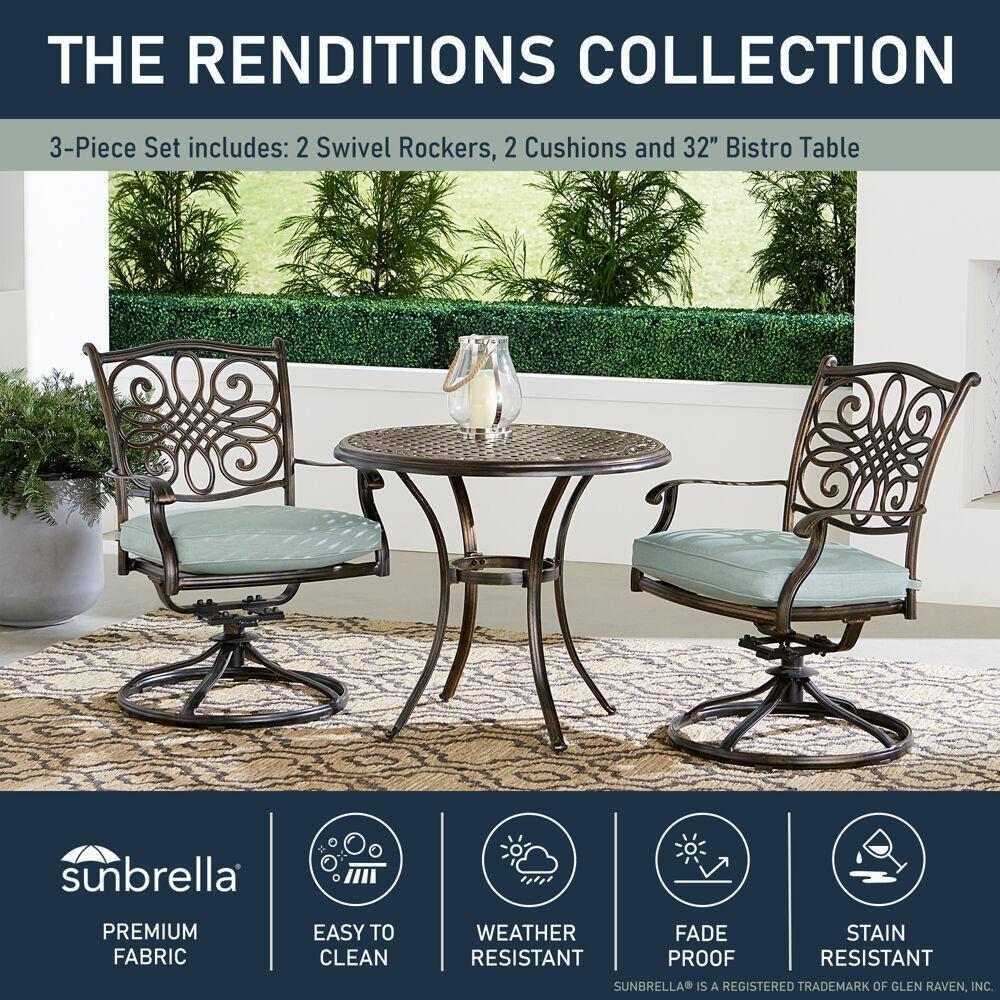 Renditions 3-Piece Set with 2 Swivel Rockers and 32-in. Cast-Top Table, Featuring Sunbrella Fabric