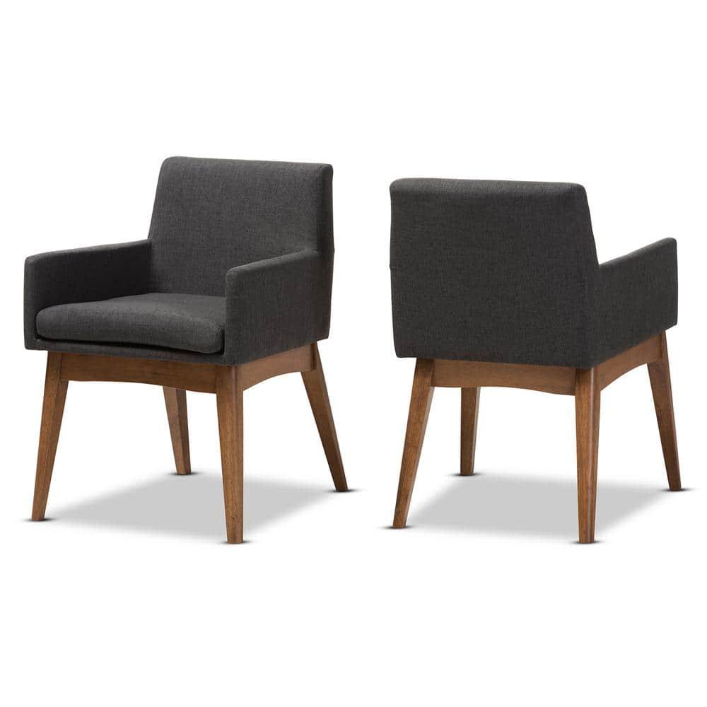 Set of 2 Nexus Mid Century Modern Walnut Wood Fabric Upholstered Dining Armchair Dark Gray - Baxton Studio: Polyester, Rubberwood Frame