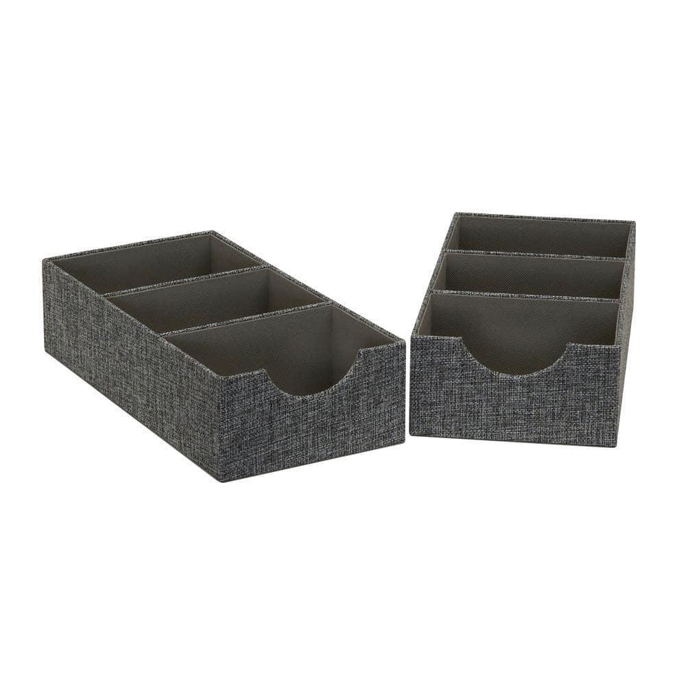 Household Essentials Set of 2 3-Section Drawer Trays Graphite Linen: Stackable Decorative Storage Boxes, Gray, 12"x6"