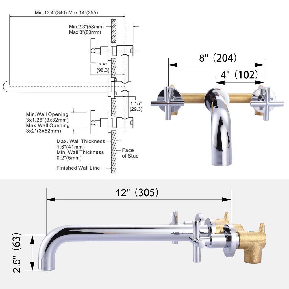 Wall Mount Tub Filler ARCORA Chrome Bathtub Faucet Long Spout Reach, 2 Cross Handles Wall Mounted Tub Faucet with Brass Rough in Valve Included