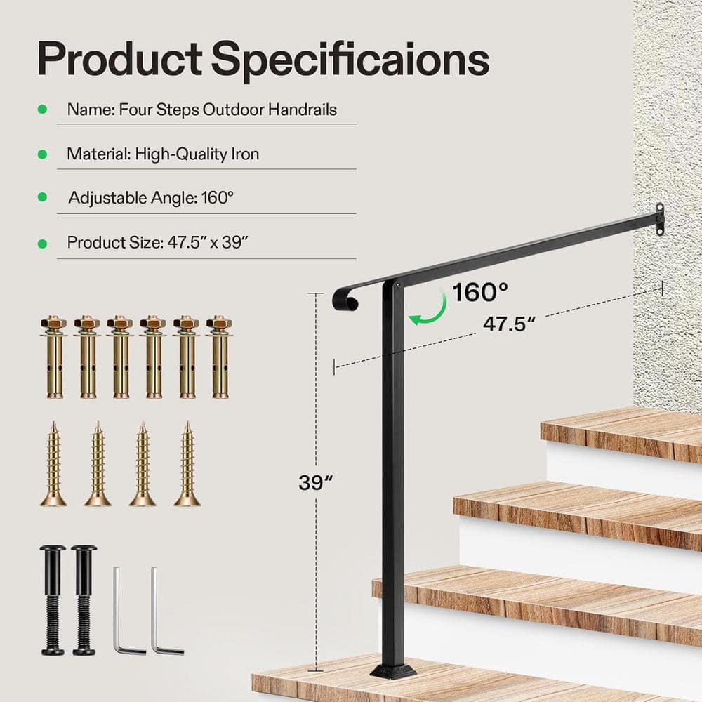 VIVOSUN 2 Step Wrought Mattle Iron Stair Handrail with Single Curved End