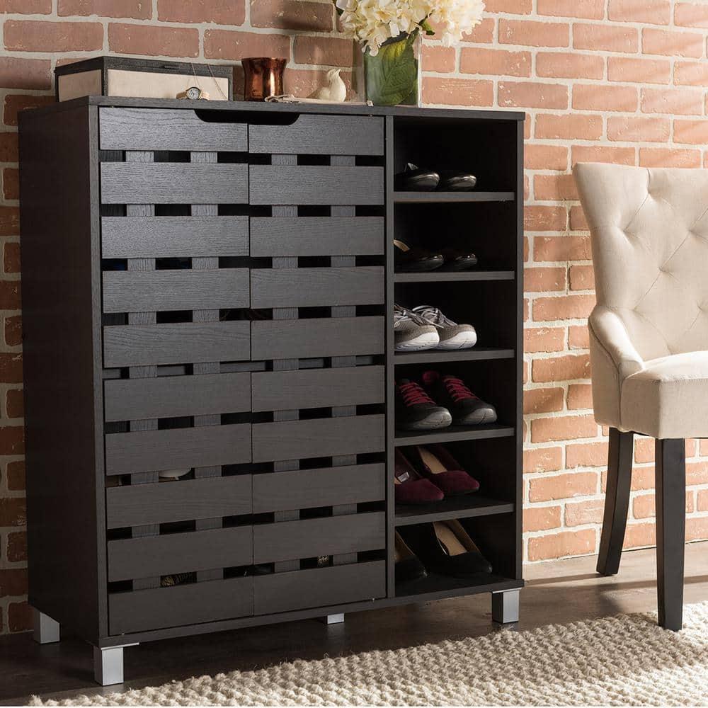 Shirley Modern and Contemporary Wood 2-Door Shoe Cabinet with Open Shelves - Dark Brown - Baxton Studio: Espresso Finish, Metal Frame, 10 Compartments
