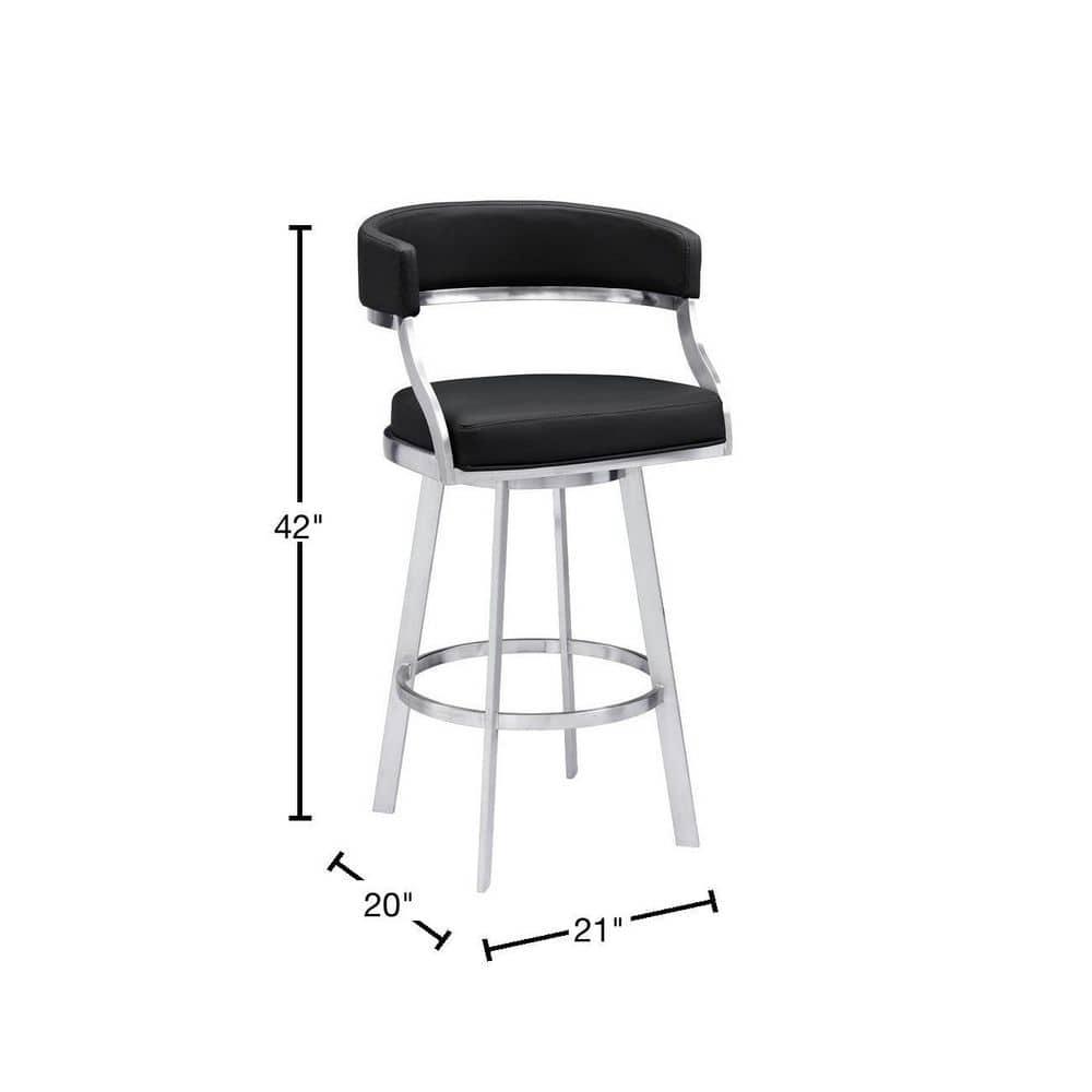 Saturn Modern 30" Seat Height Black Faux Leather and Brushed Stainless Steel Metal Swivel Bar Stool for Kitchen Island Counter